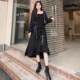 Casual Dresses Autumn Winter Shirt Dress For Women 2024 Female Elegant Large Size Square Collar Pleated Black Ruffle Party Robe Vestido