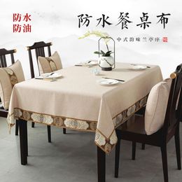 New Chinese Style Cotton and Linen Tablecloth Light Luxury High-end Dining Table Waterproof Oil Proof Wash Free Tea Mat Rectangular Fabric Art