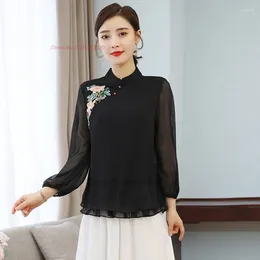 Ethnic Clothing 2024 Chinese Vintage Qipao Blouse Women National Flower Embroidery Chiffon Traditional Service Hanfu Shirt