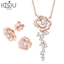 Necklaces Vintage Rose Moissanite 925 Sterling Silver Jewelry Sets for Women Rose Gold Color Pendant Necklace Stud Earrings Birthday Gifts
