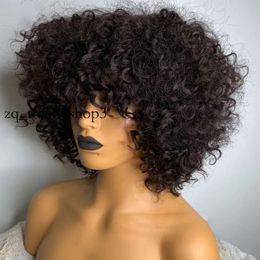 Short Curly Human Hair Bob Wig with Bangs Water Wave Human Hair Wigs for Women Pre Plucked Peruvian Glueless None Synthetic Lace Front Wig 878