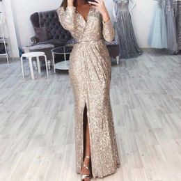 Casual Dresses Women's Sexy Sequin Long Sleeve V Neck Nightclub Style Slim Sling Dress With Slit Party Gala Wedding Bride