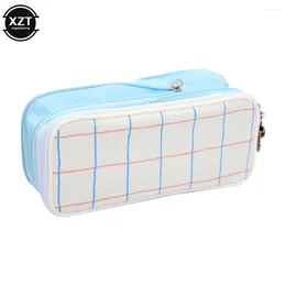 Striped Lattice Pen Pouch Simple Multi-Layer Large Capacity Double Zip Stationery Student Case Gift