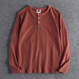 Autumn Japanese Retro Long Sleeve Henry Collar Solid Colour Tshirt Mens Fashion Pure Cotton Washed Casual Tops 240408