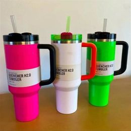 US STOCK Parade Cosmo Pink H2.0 40Oz Stainless Steel Tumblers Cups With Silicone Handle Lid And Straw Travel Car Mugs Water Bottles 0422