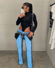 Women's Jeans Patchwork Denim Pants Sexy Women High Waist Elegant Streetwear Casual Straight Trousers