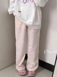 QWEEK Japanese Y2K Striped Sweatpants Women Harajuku Kawaii Sweet Fleece Sports Pants Korean Fashion Cute Girly Basic Trousers 240403