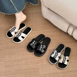 Fashion brand thick black slippers women 2024 new H type leather flip-flops summer can wear wet beach sandalsL240422