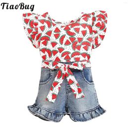 Clothing Sets Baby Toddler Girls Flamingo Fruits Print T-shirt With Ruffle Denim Shorts Waistband Outfits Party Holiday Travel Summer