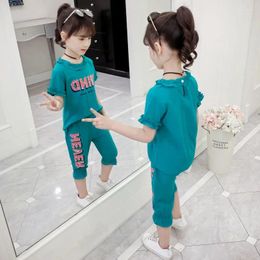 Clothing Sets Set 4-14T Girl Summer 2024 Children Teens Sport Two Pieces Suit Fashion Lace O-neck Short Sleeve