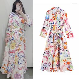 Casual Dresses Cotton Silk Spring And Summer Retro Shirt-Style Midi Dress With Belt