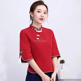 Ethnic Clothing 2024 Style Women's Retro Cotton Linen Cheongsam Blouse Women Chinese Embroidery Seven-point Sleeve Qipao Top S257