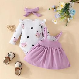 Clothing Sets Baby Girl S 3 Piece Outfits Long Sleeve Crewneck Ruffle Print Romper Suspender Skirt Headband Set