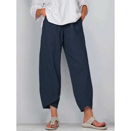 Women's Pants Capris 2024 Summer Cotton Linen Womens Pants Elastic Waist Irregular Hem Womens Loose Casual Nine Point Belt Pocket Y240422