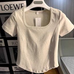 Pick up the leak counter and withdraw~Square neck shoulder length short sleeved t-shirt womens solid Colour summer curved slim fit bottom top