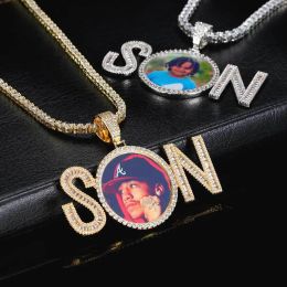 Necklaces Initial with Circular Photo Necklace Memory Medallions Pendant Necklace Cubic Zircon Men's Hip Hop Jewelry Couple Photo Necklace