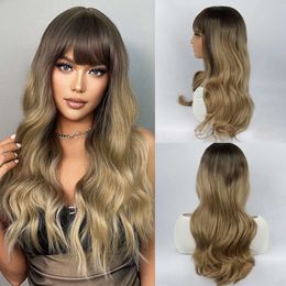 European and American Wigs for Women with Gradient Golden Brown Bangs, Long Curly Hair, Synthetic Fiber Full Head Covers, Daily Highlight Dyeing, Wholesale by