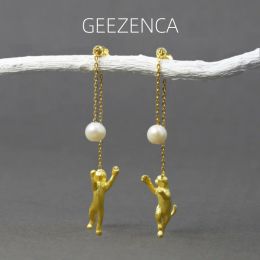 Earrings GEEZENCA 925 Sterling Silver Gold Plated Cat With Pearl Dangle Earrings For Women Cute Kitten Playing Ball Long Tassel Earring