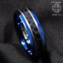 Bands ATOP 8mm Men's Jewellery Blue Tungsten Ring Black and Blue Carbon Fibre Wedding Band Free Shipping