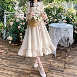 Casual Dresses Bow Women Prairie Chic Mid-calf Korean Style Daily Sweet Cute Spring Autumn Schoolgirls Aesthetic Long Sleeve Exquisite