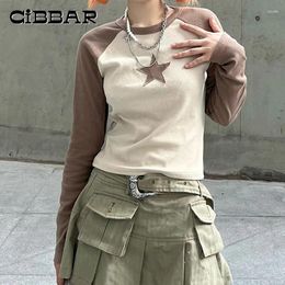 Women's T Shirts CIBBAR Harajuku Full Sleeve Crop Top Cute Star Stitched Crewneck Basic T-shirt Women Casual Patchwork Vintage Tee