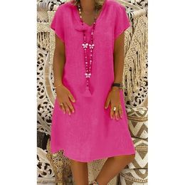 Women Summer 2024 Boho Cotton Linen Dress Short Sleeve VNeck Tops Casual Loose Female Street TShirt Sundress Vestidos 240418