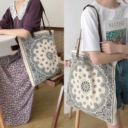 Shopping Bags National Wind Canvas Shoulder Bag Women PU Belt Handbag Cotton Cloth Shopper Totes Large INS Leisure Student