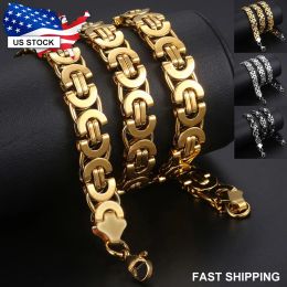 Necklaces 11mm Wide Huge Stainless Steel Necklace For Men Black Gold Silver Colour Flat Byzantine Link Chain Mens Necklace Jewellery LKN06