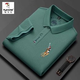 Woodpecker Summer 100 Pure Cotton Short Sleeved Polo Shirt for Mens Middle Aged High End Embroidered T-shirt Dad Trendy