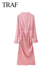 Casual Dresses 2024 Woman's Fashion Spring Dress Pink Print O-Neck Long Sleeve Feather Cuff Decorate Female Elegant