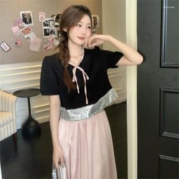 Work Dresses French Summer Fashion 2 Pieces Dress Suits Black Pink Matching Short Sleeve Shirt High-waist A Line Midi Skirt Chic 2pc Sets
