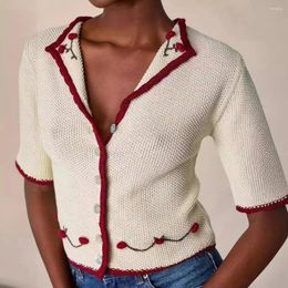 Women's Knits 2024 Spring And Summer Contrast Colour Short-sleeved Knitted Cardigan Embroidered Lapel Crocheted Top For Women