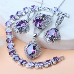 Bracelets Women Jewelry Sets 925 Silver Wedding Jewelry Ladies Bridal Purple Zircon Earrings Stone Bracelets Rings Pendant Necklace Set