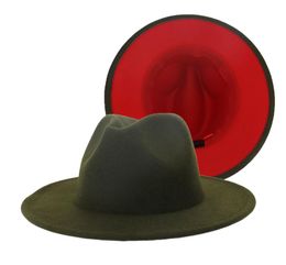 New Outer Army Green Inner Red Patchwork Wool Blend Vintage Men Women Fedora Hats Trilby Floppy Jazz Belt Buckle Felt Sun Hat6176766