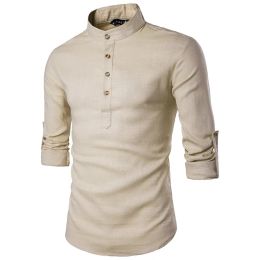 Shirts Euro Size Mens Linen Shirts Long Sleeve Button Down Solid Loose 2024 Spring Autumn Dress Henley Shirts Fashion Male Clothes