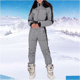 Skiing Suits Winter Houndstooth Suites Jumpsuits Outdoor Sports Waterproof Snowsuit Removable Faux Wool Collar Coat Jumpsuit 230814 D Dh0Nz