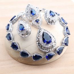 Strands Wedding 925 Silver Jewellery Sets For Women Blue Zircon Bridal Earrings Rings Pendant Necklace Stone Bracelets Set