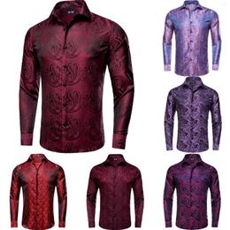 Men's Casual Shirts Hi-Tie Wine Red Silk Paisley Turndown Collar Long Sleeve Shirt For Men Jacquard Male Business Party Wedding