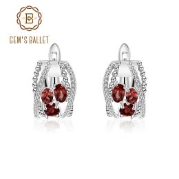 Earrings GEM'S BALLET 1.78Ct Natural Red Garnet Three Stones Clip Earrings For Women 925 Sterling Silver Birthstone Earrings Fine Jewelry