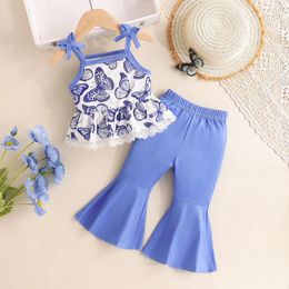 Clothing Sets Toddler Baby Girls Clothes Set Sleeveless Prints Tops Lace Trim Vest Bell Bottoms Pants Outfits Cute Girl Vacation