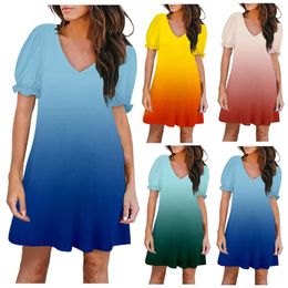 Casual Dresses Women's Summer Fashion Gradient Colour V-neck Petal Sleeve Short Pocket Dress Elegant And Pretty Stor