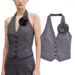 Women's Tanks Withered British With Rose Suit Vest Women Tank Tops Fashion Grey Decoration
