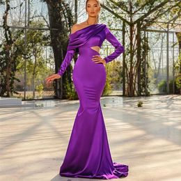 Vintage Long Satin Purple Asymmetrical Neckline Evening Dresses With Sleeves Mermaid Pleated Watteau Train Zipper Back Prom Dresses for Women
