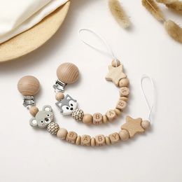 INS Personalised Name Baby Pacifier Clips Wooden Dummy Nipple Holder Clip Chain Silicone Bear Koala Animal born Teething Toys 240418