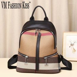 School Bags High Quality Women 15 Styles Striped Canvas Cowhide Backpack Casual Female Classic Softback Backpacks