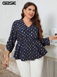 GIBSIE Plus Size Gold Dot Print V Neck Peplum Top Blouse Women Spring Fall Casual Long Sleeve Female Office Elastic Blouses 240419