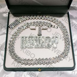 Custom Iced Out Hip Hop 18mm 925 Sterling Silver VVS Moissanite Name Pendant Wiht Cuban Link Chain Set