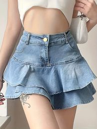 Vintage Woman Denim Shorts Skirts Summer Streetwear All Match Washed Kawaii Ball Gown Ruffles Mini Jeans Saias Femme 240412