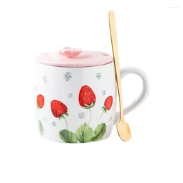 Mugs 13.5oz Cute Strawberry Ceramic Mug With Lid Gold Spoon Porcelain Coffee Milk Tea Cup For Household Office