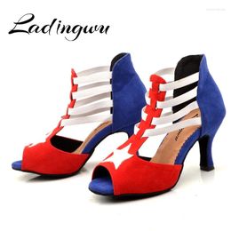 Dance Shoes Ladingwu Latin Women Suede Red Blue White Match Wide Thin High Heel 7.5cm Salsa Performance Ballroom Dancing